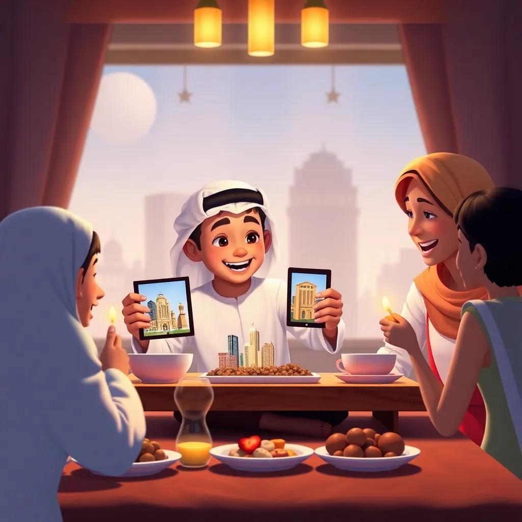 Hamad, a young Qatari boy in his thobe, happily showing his family photos of buildings from his adventure, with smiles and warmth around the dinner table, joyful and child-friendly setting