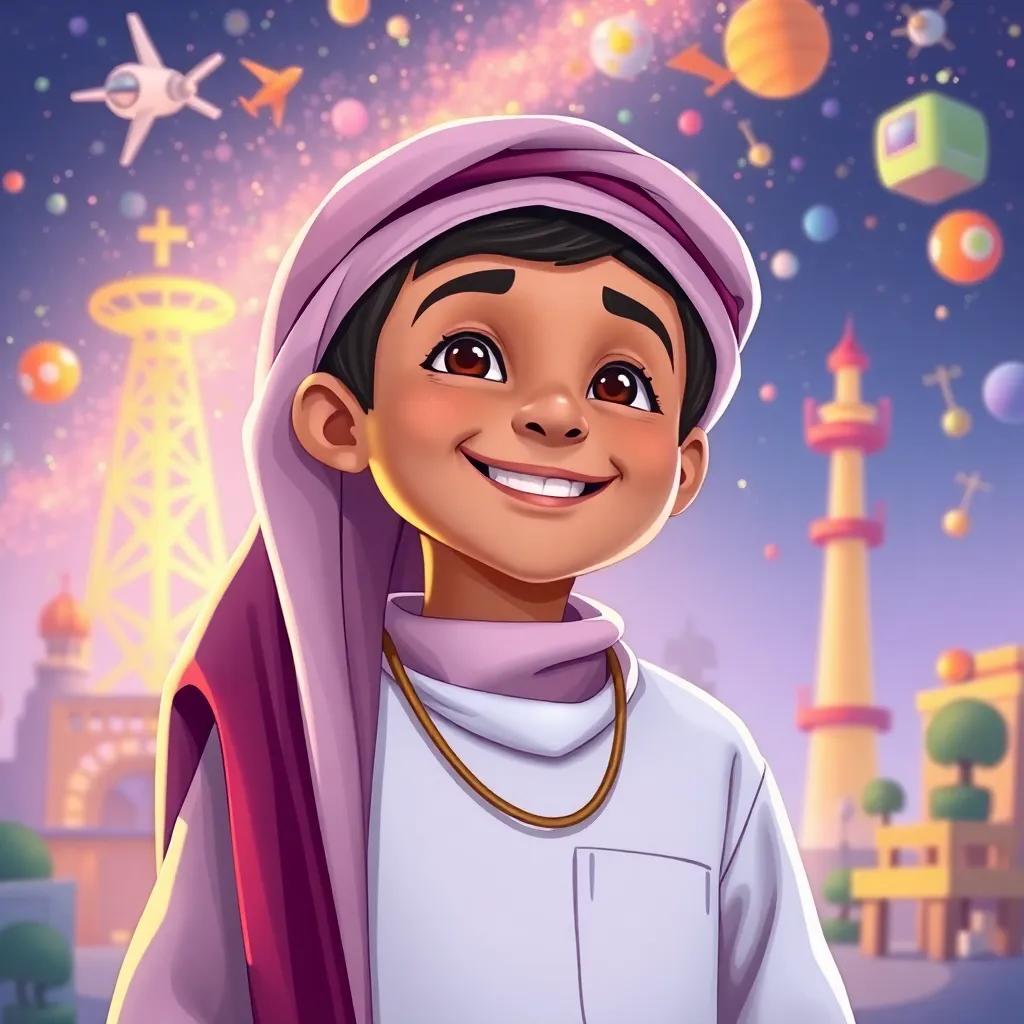 Hamad, a young Qatari boy with a big smile, in his traditional thobe, dreaming of becoming a great engineer in a colorful cartoon-like dream world, imaginative elements, beautiful art style