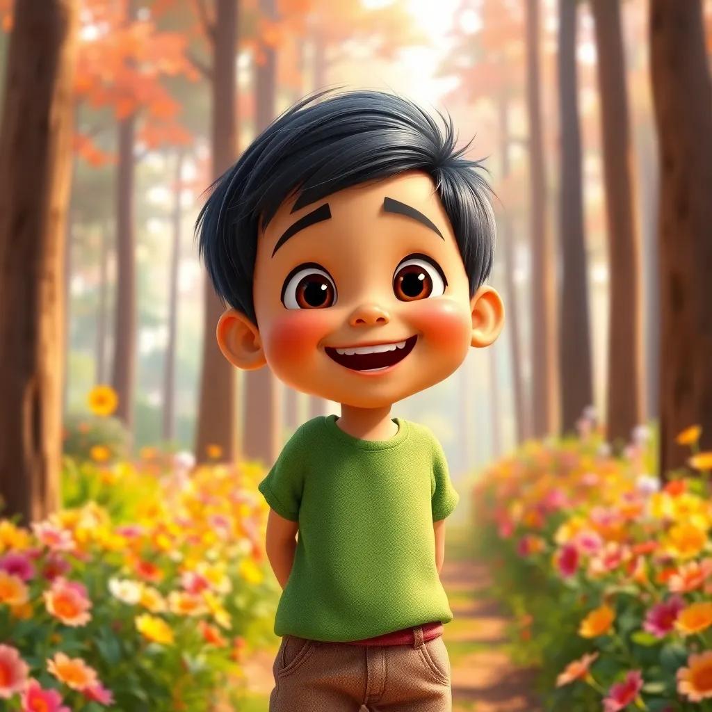 A young boy, Hamza, with short black hair, wearing a green t-shirt and brown shorts, smiling and excited in a colorful forest with tall trees and bright flowers, digital art, vibrant colors, cheerful atmosphere, high quality