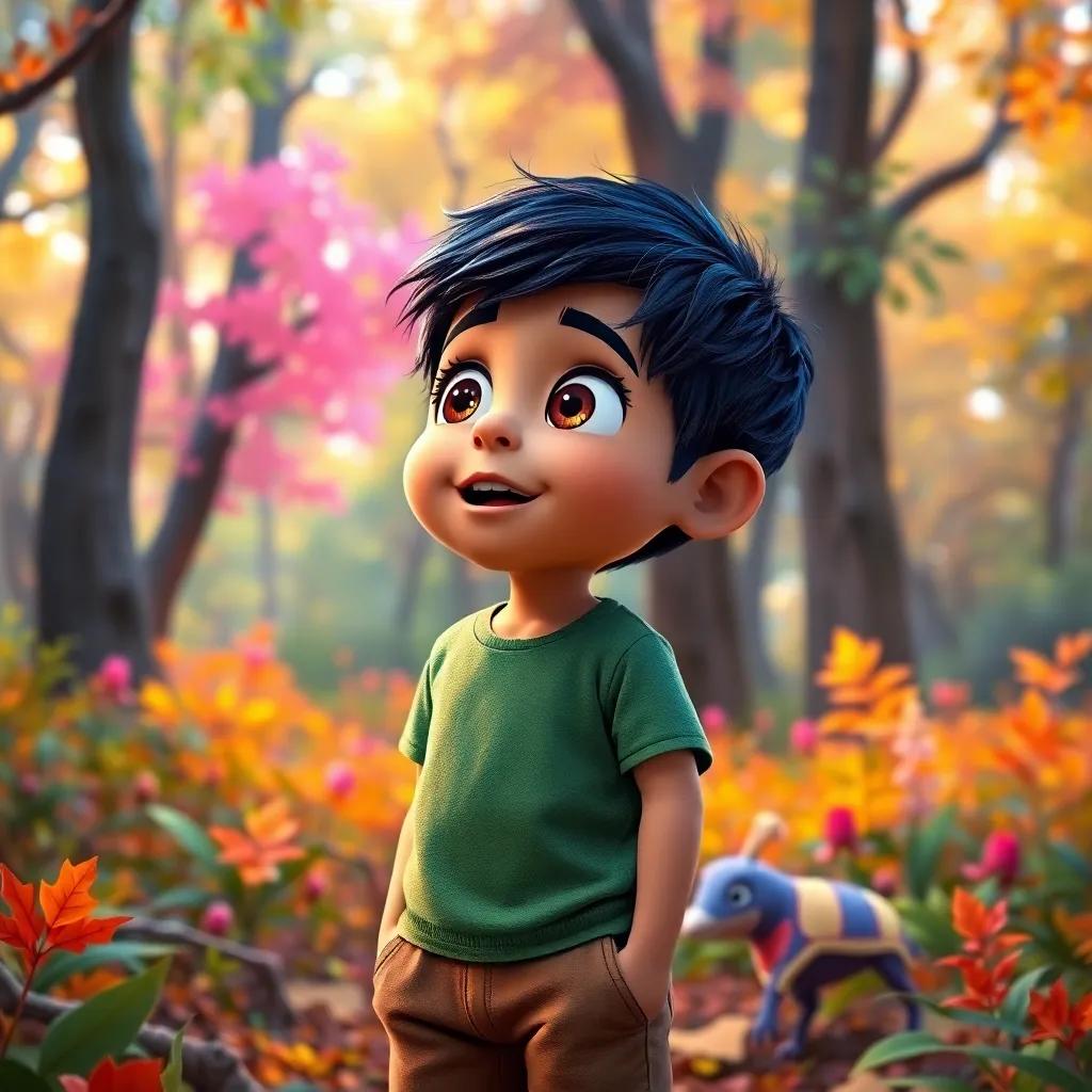 Hamza, a young boy with short black hair, in a green t-shirt and brown shorts, looking surprised and curious in a colorful forest while listening to the sounds of laughter, beautiful woodland scene, warm light, inviting environment, high quality