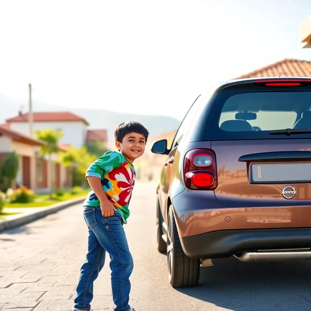 A young boy, Hamoud, with short black hair wearing a colorful t-shirt and jeans, excitedly looking at a shiny smart car in a sunny village, digital art, vibrant colors, playful atmosphere, cheerful perspective, high quality
