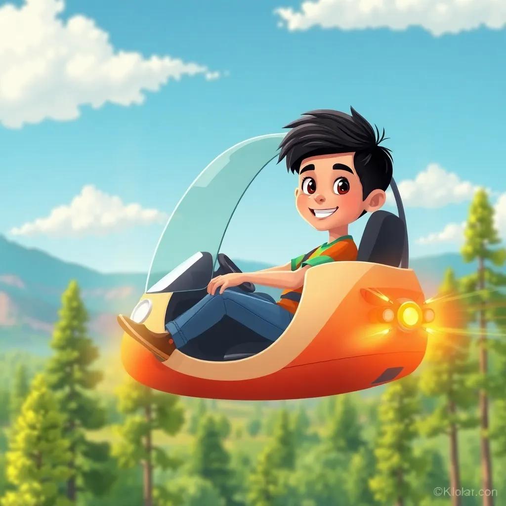 Hamoud, a young boy with short black hair in a colorful t-shirt and jeans, sitting inside a flying smart car with bright lights, soaring over tall trees in a beautiful landscape, illustration, cheerful, adventure-themed, high quality