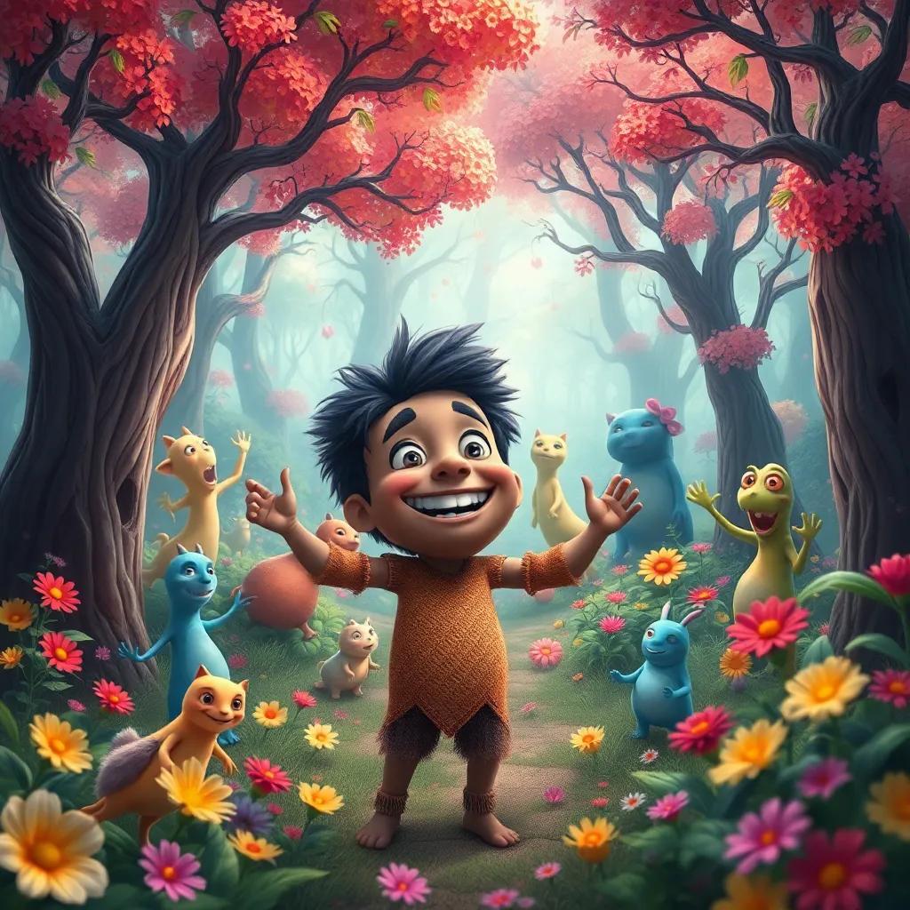 A magical forest with strange creatures dancing and singing, colorful trees and flowers surrounding Hamoud, who is smiling with excitement, digital painting, whimsical, vibrant colors, enchanting perspective, high quality