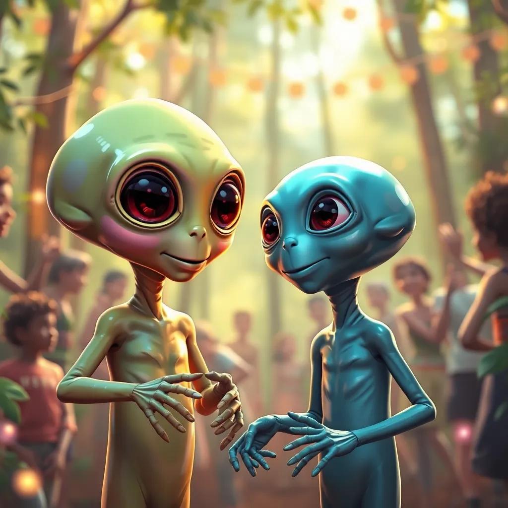 A friendly alien, with big eyes and shiny skin, talking to Hamoud, who looks amazed, in the middle of a sparkling dance party in the forest, illustration, fun, colorful, joyful atmosphere, high quality