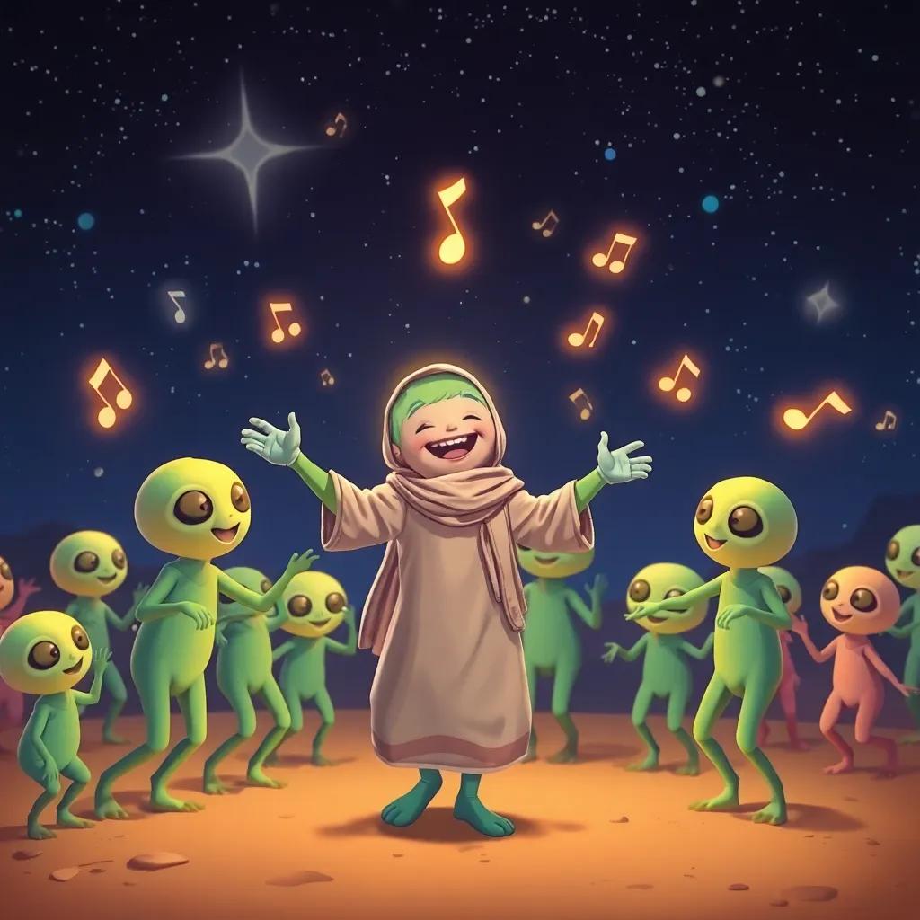 Hamoud, happily dancing with the aliens under a starry night, bright musical notes floating around, everyone in a joyful mood, digital art, warm colors, uplifting scene, friendly perspective, high quality
