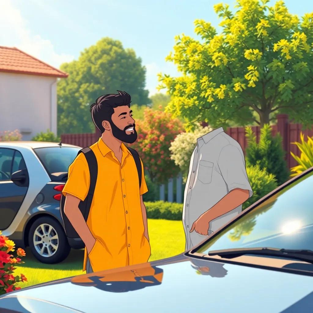Hamoud and his dad in a sunny garden, discussing the adventure and laughter, with smart car parked nearby, lovely scenery, warm colors, bonding moment, illustration, vibrant, high quality