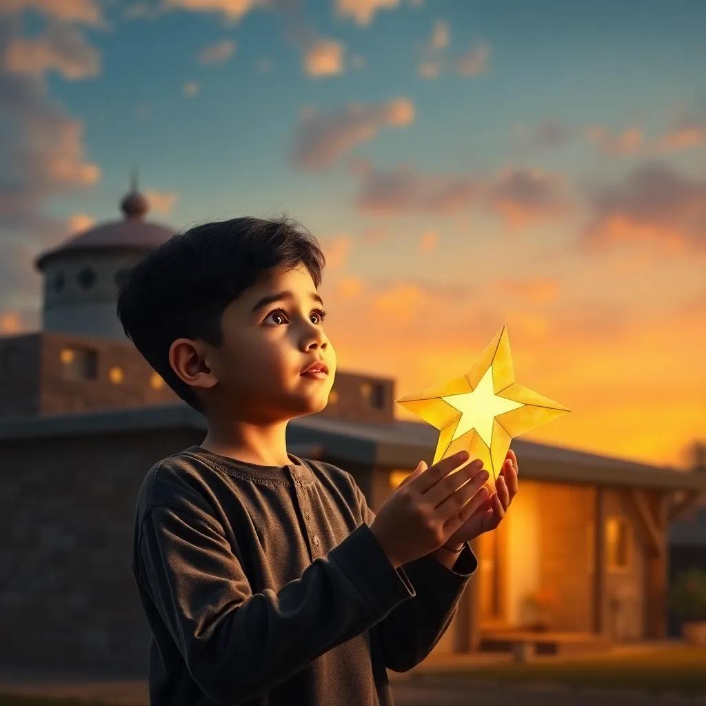 Hamoud, a young boy, looking with wonder at the glowing paper star in his hand, in front of his cozy home against a sunset sky, digital painting, magical, uplifting, high quality
