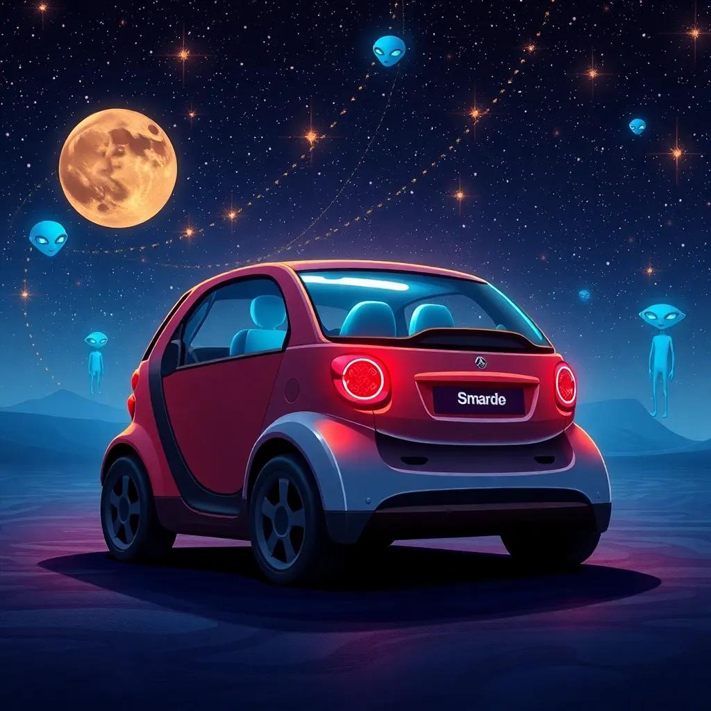 Hamoud remembering the fun adventures he had, with images of the smart car and aliens in the background, a dreamy atmosphere filled with stars, illustration, creative, enchanting, high quality