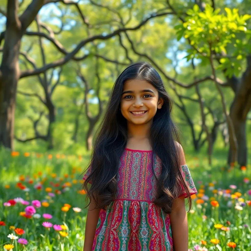 A young Arab girl, Hura, with long, dark hair, wearing a colorful dress, standing excitedly in a lush green forest full of big trees and colorful flowers, bright sunlit, detailed, vibrant colors, cheerful atmosphere, landscape view, high quality