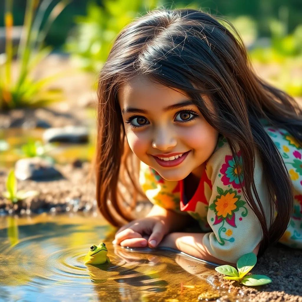 A young Arab girl, Hura, with long, dark hair, wearing a colorful dress, kneeling by a small clear pond smiling, with a tiny green frog beside her, sunlight shining on the water's surface, joyful scene, bright colors, playful vibe, close-up view, high quality