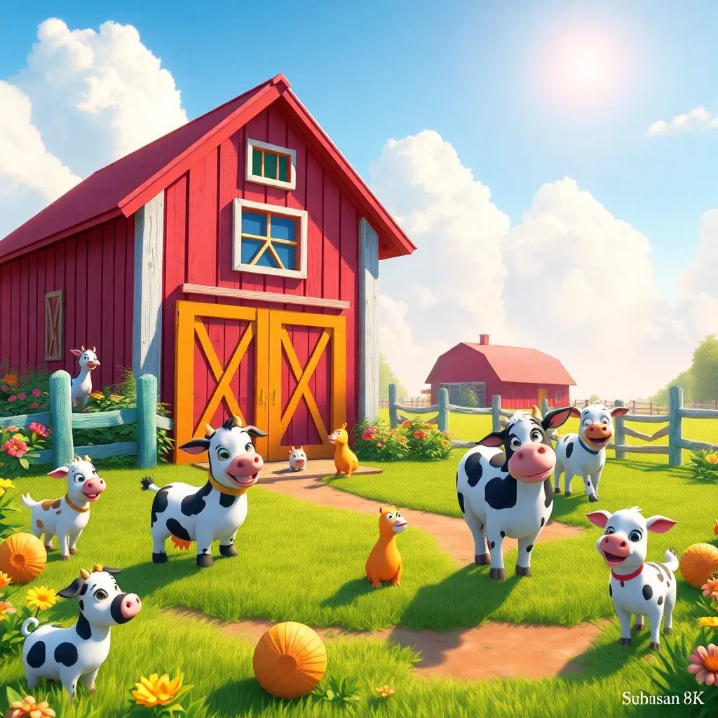 A beautiful farm scene with playful animals, colorful barn, sunny sky, cheerful atmosphere, vibrant colors, high quality