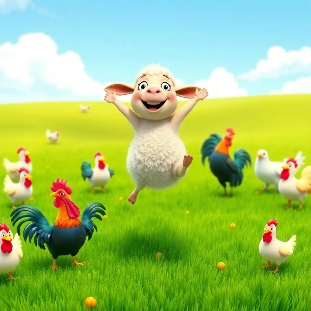 A playful sheep jumping high on a green field surrounded by happy chickens and a singing rooster, colorful, bright, joyful mood, high quality