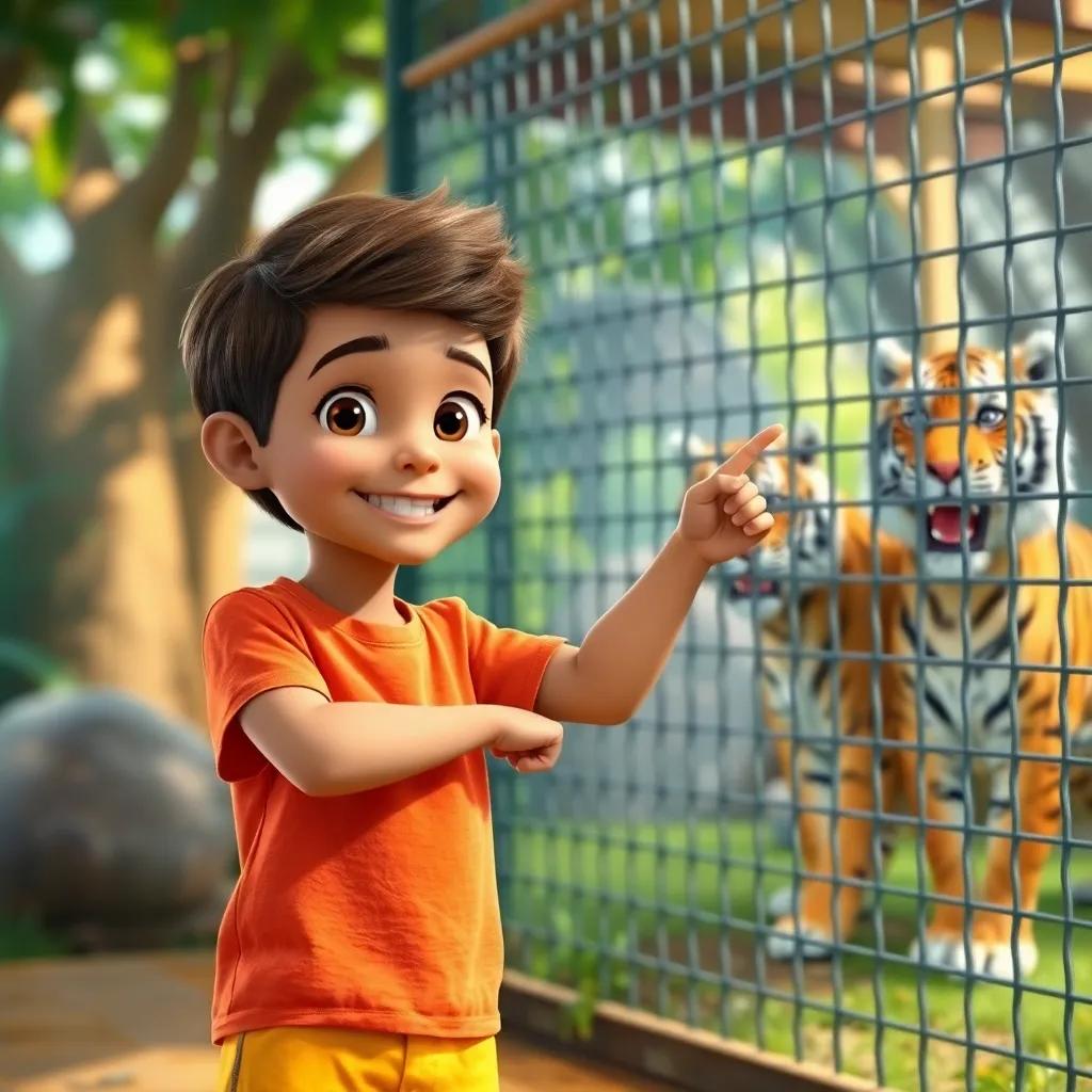 A young Arab boy, Daniel, with short brown hair and wearing a bright t-shirt and shorts, smiling excitedly while pointing at a cage with tigers in a zoo environment, vivid colors, children-friendly, engaging atmosphere, adventure