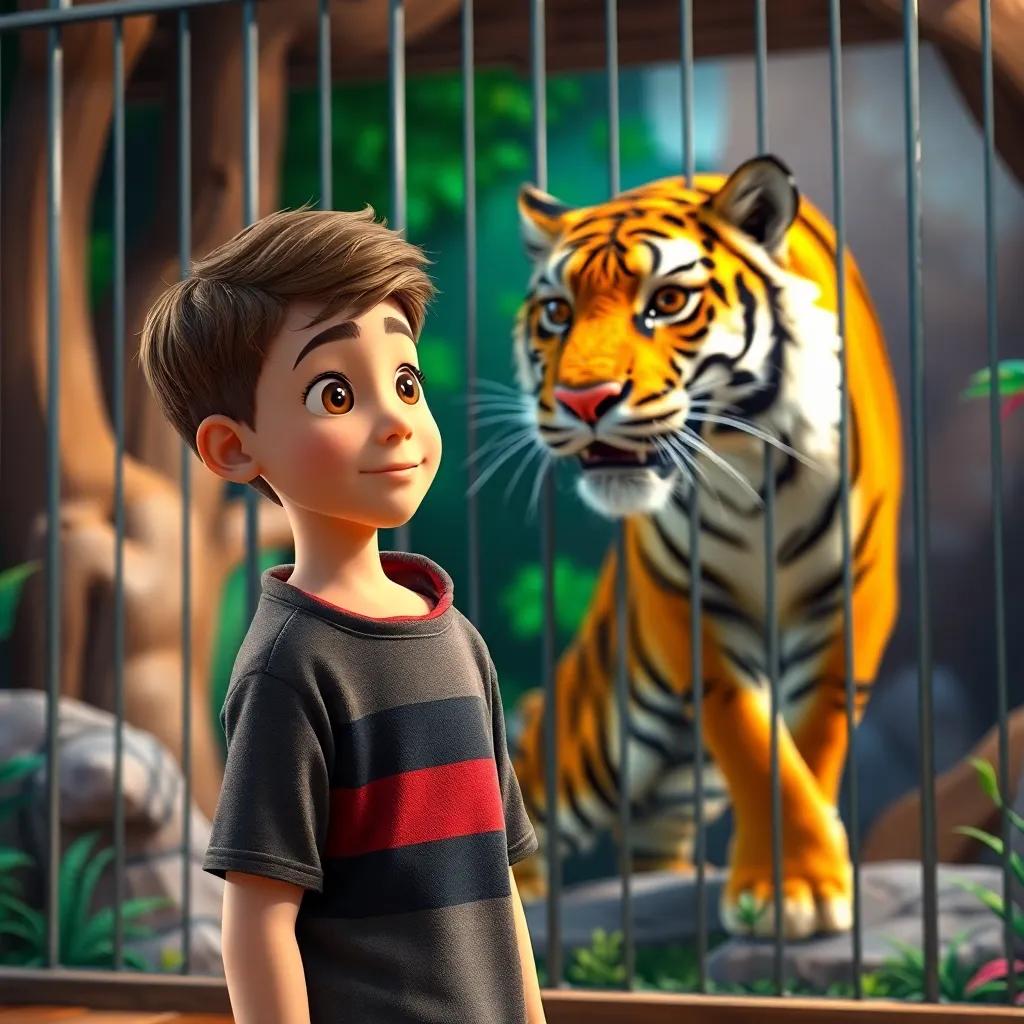 Daniel, a young Arab boy with short brown hair, standing in front of a tiger cage, looking amazed as the tiger prowls gracefully, colorful zoo background, interactive educational, inviting setting, vibrant details, storytelling visual
