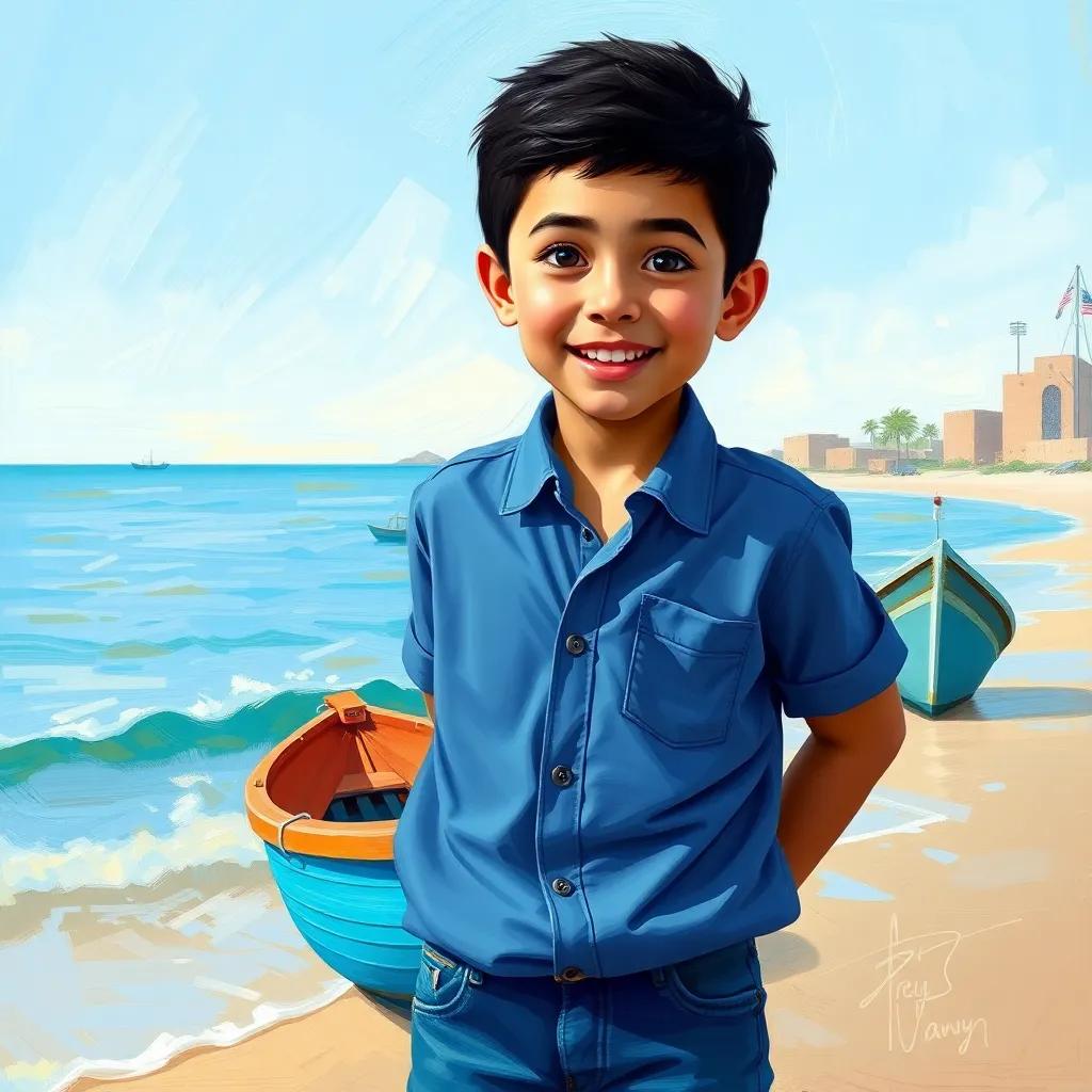 A young Arabic boy, Dany, with short black hair, wearing a simple blue shirt and jeans, looking excited as he stands on the shore with a small boat in front of him, digital art, bright colors, cheerful atmosphere, high quality