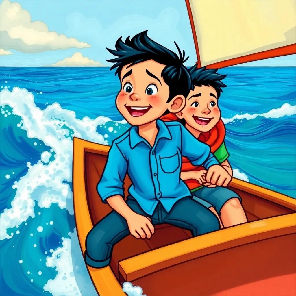 Dany, a young Arabic boy with short black hair in a blue shirt and jeans, sailing with his friends Maya and Omar on a small boat, laughing and enjoying the ocean waves, illustration, vibrant, adventure-themed, child-friendly