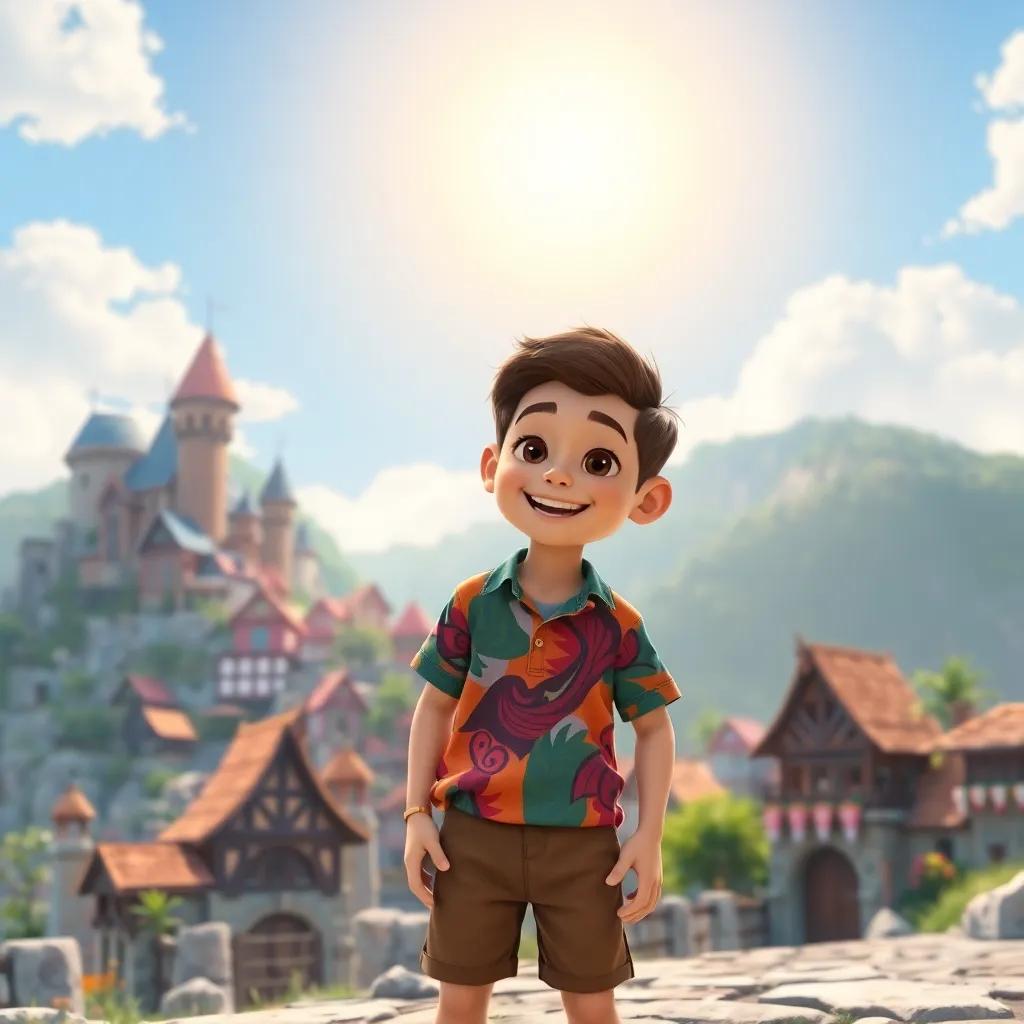 A brave young boy, Dar, with a bright smile, wearing a colorful shirt and shorts, looking excited while standing near a beautiful village, under a sunny sky, cheerful atmosphere, digital art, high quality