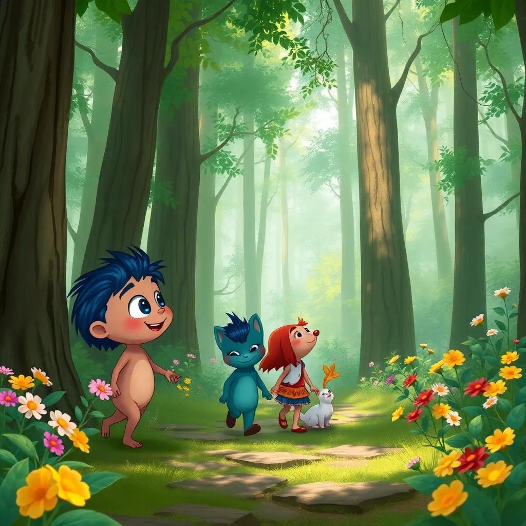 Dar and his friends walking into a lush green forest, surrounded by tall trees and colorful flowers, listening curiously to strange sounds, illustration, vibrant, inviting scene, child-friendly