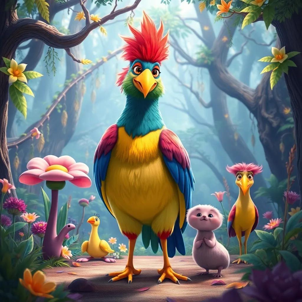 A large, colorful bird, with bright feathers, standing proudly in front of Dar and his friends, in a magical forest setting filled with enchanting plants, illustration, delightful, whimsical