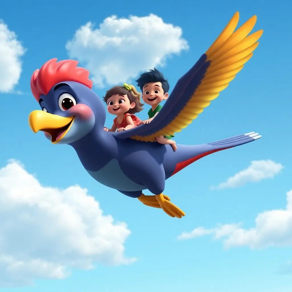 Dar and his friends riding on the back of the colorful bird, flying high in the blue sky, with fluffy white clouds, joy and excitement on their faces, digital painting, bright and cheerful