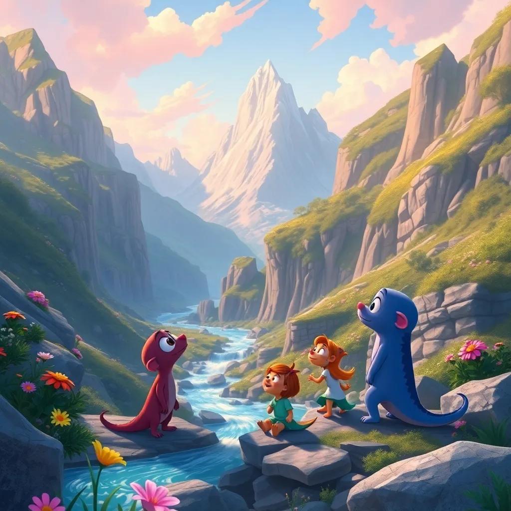 A breathtaking view of a tall mountain with flowing streams and blooming flowers, Dar and his friends amazed at the beauty around them, illustration, colorful, inspiring scene