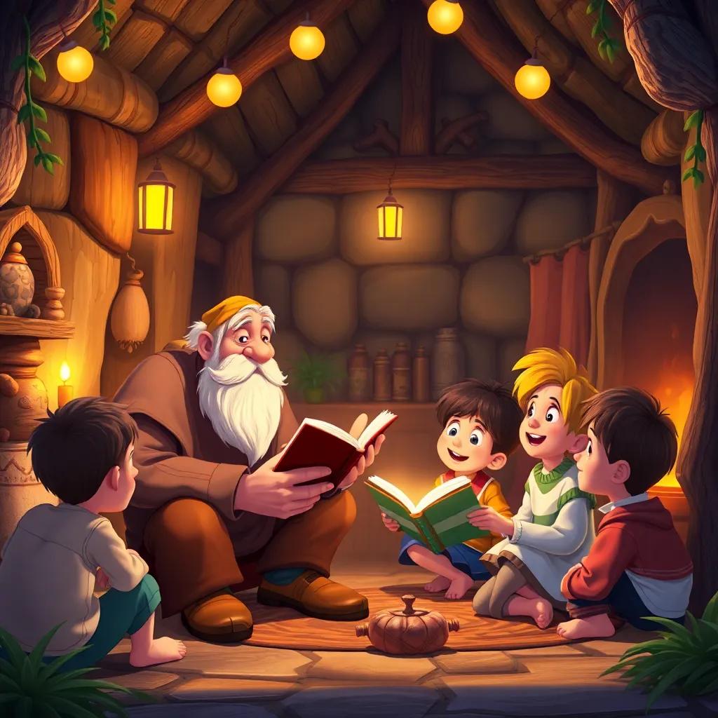 An elderly villager telling stories to Dar and his friends in a cozy, magical village setting, with children listening attentively, inviting and warm atmosphere, digital art, heartwarming