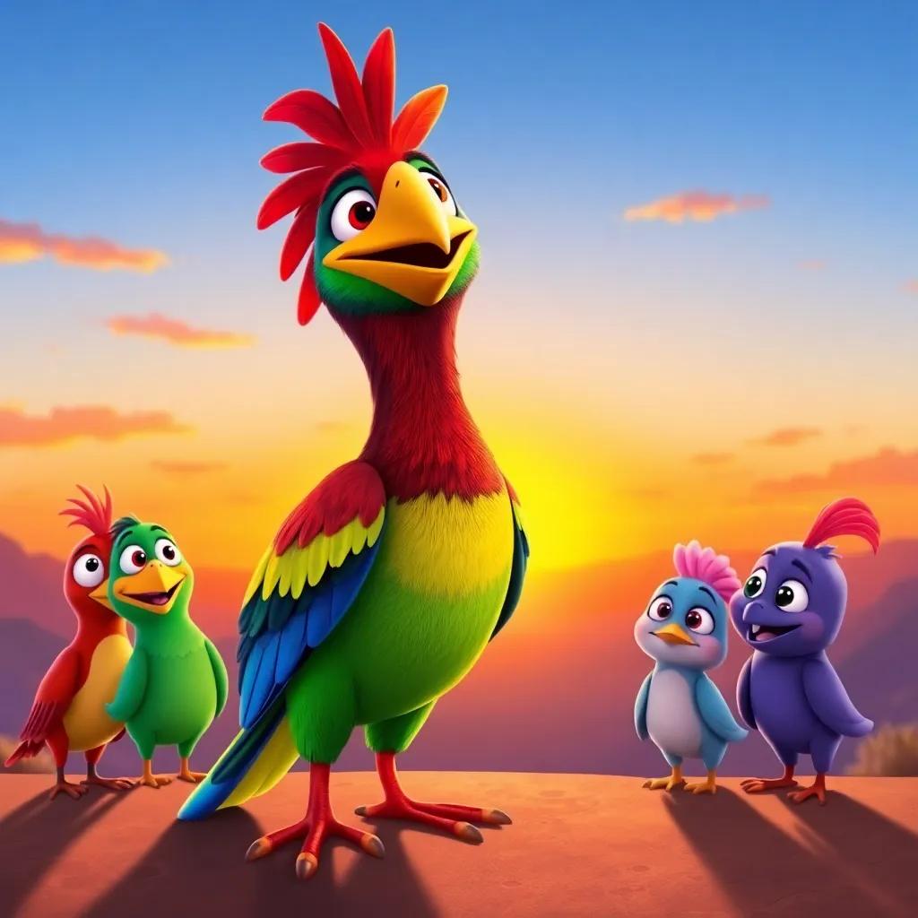 The colorful bird waiting for Dar and his friends at a beautiful sunrise, ready to start a new adventure, with expressions of excitement on their faces, illustration, bright colors