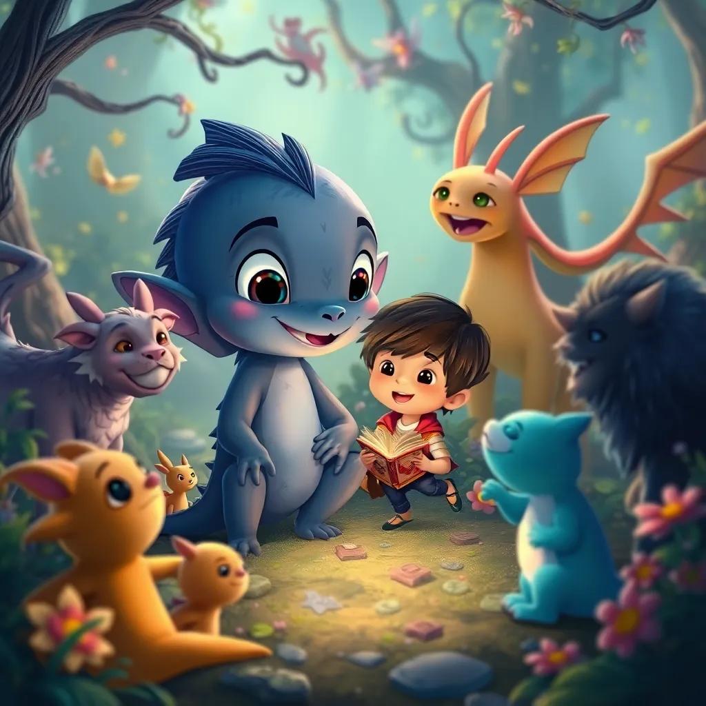 Dar and his friends learning new things, surrounded by mystical creatures, filled with wonder and joy in a magical world, illustration, vibrant, engaging