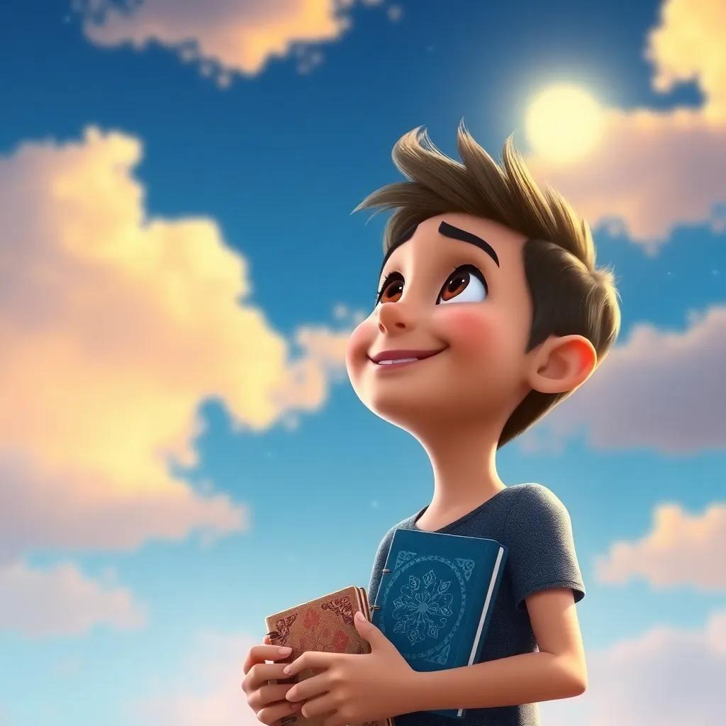 Dar looking up at the sky, smiling with hope and determination, holding a small dreamer’s journal, thinking about adventures to come, something bright and inspiring, digital art, uplifting
