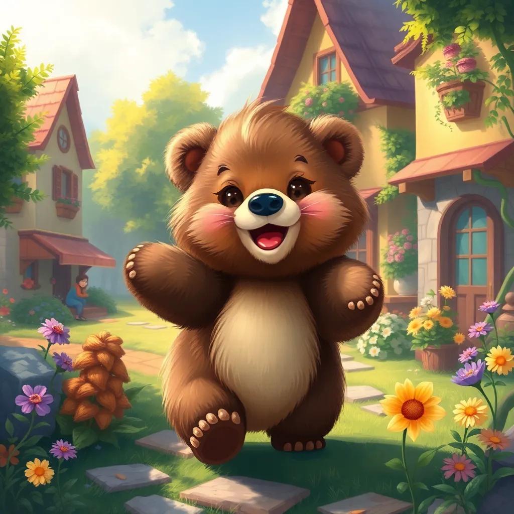 A cute small bear named Dodo, with fluffy fur, playing happily in a sunny village with colorful flowers and green trees, cheerful atmosphere, digital art, vibrant colors, inviting