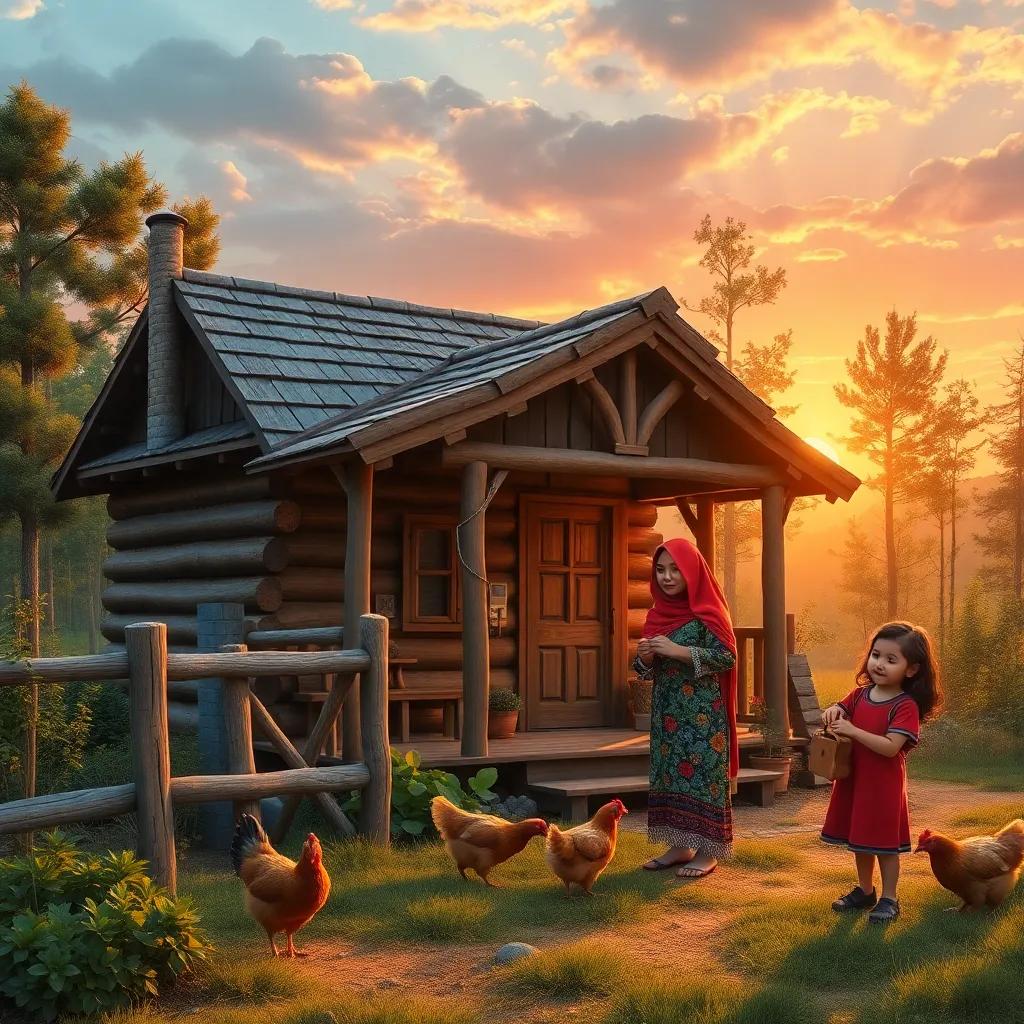 A cozy wooden cottage at sunset surrounded by trees, a man named Deeb fixing a fence, Riana a young woman in a colorful dress feeding chickens, and Sakhr a little boy with a wooden toy playing happily, peaceful and warm scene, digital art, vibrant colors, inviting atmosphere, high quality