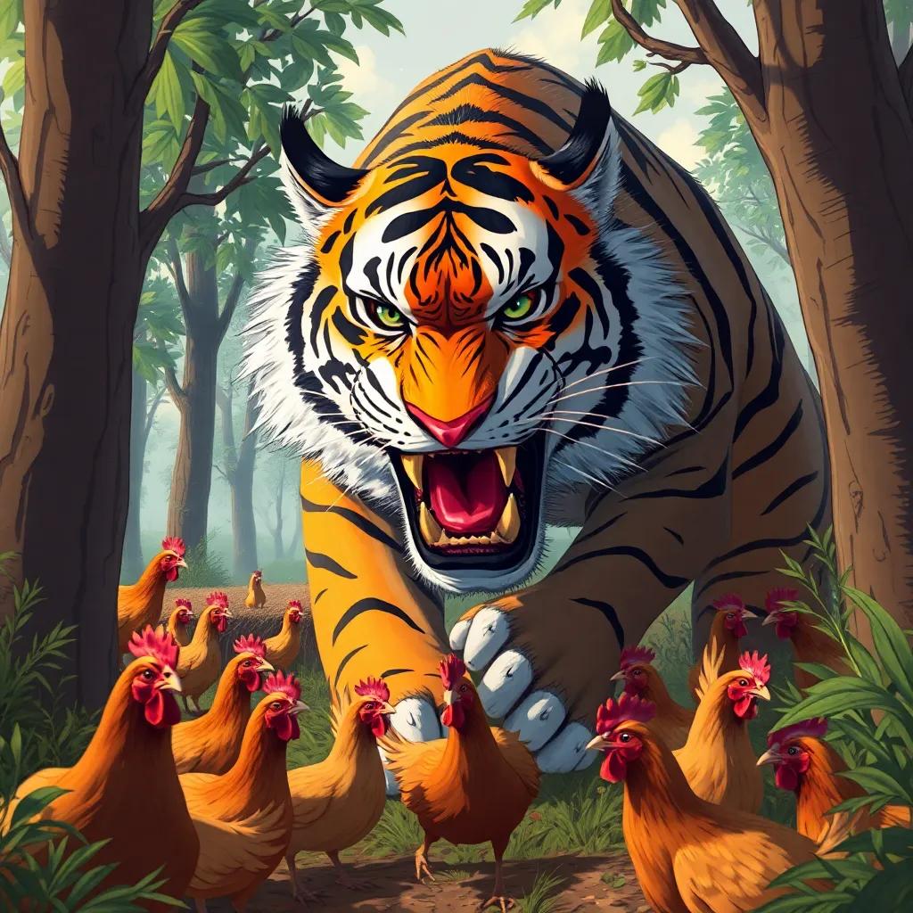 A large tiger named Tromb, with fierce eyes and stripes, jumping out from behind trees and frightening chickens in a farm, chaotic and intense mood, illustration, bright colors, dynamic action, high quality