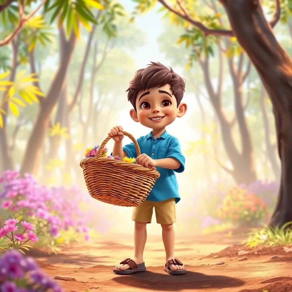 A young Arab boy, D, with brown hair, wearing a blue shirt and comfortable sandals, happily holding a beautiful basket in a sunny forest, vibrant colors, cheerful atmosphere, high quality