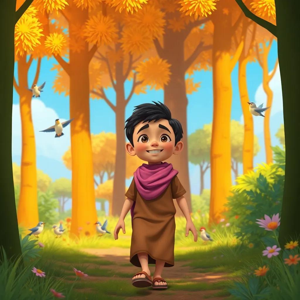 D, a young Arab boy, walking in a colorful forest, surrounded by tall trees and singing birds, joyful, bright blue skies, whimsical scenery, lively