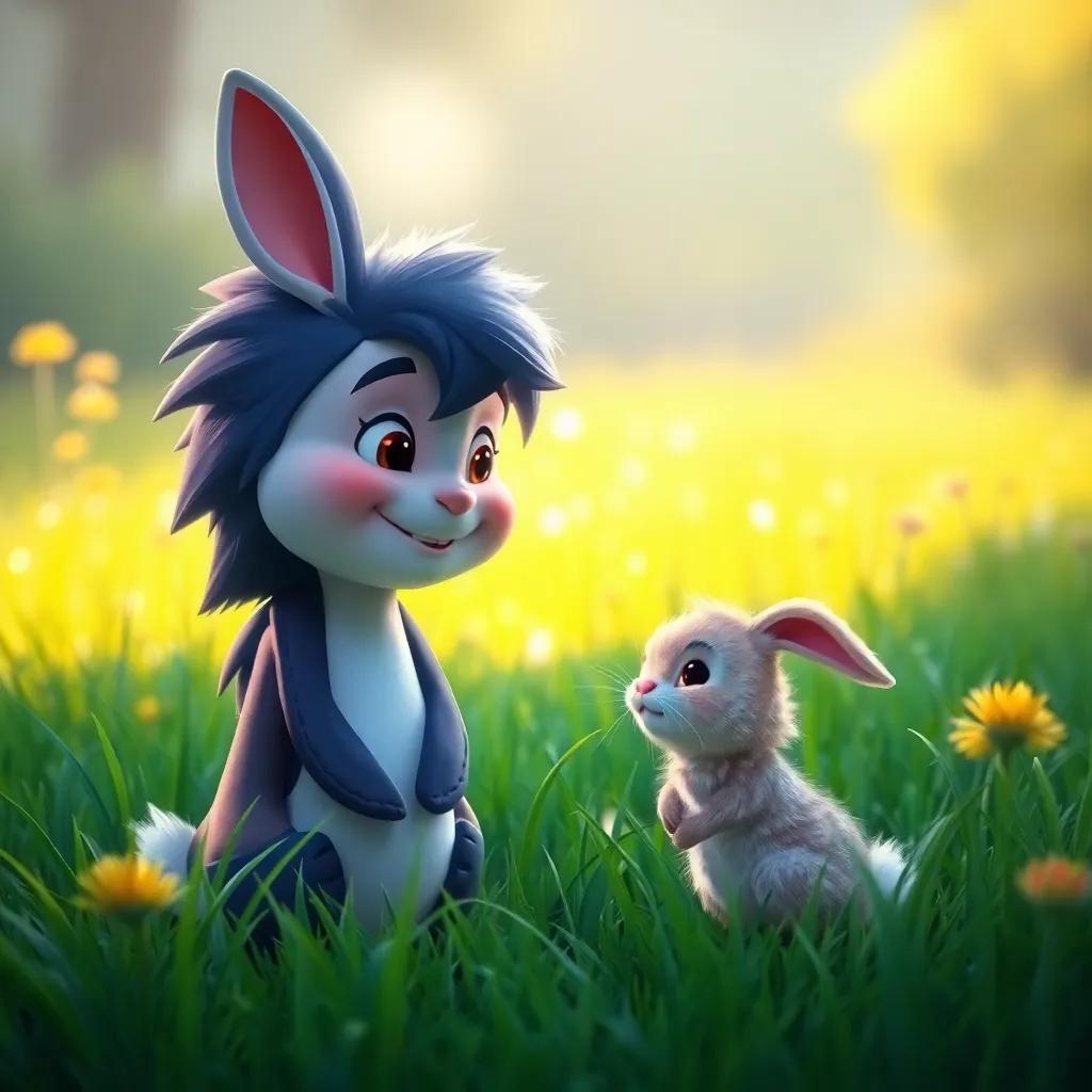 D smiling while meeting a small rabbit in a green meadow, the rabbit looking cute and fluffy, both characters enjoying their time together, warm light, playful