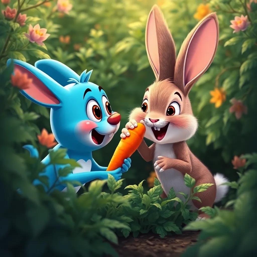 D and the rabbit excitedly searching together for a delicious carrot in the bushes, vibrant colors and playful characters, inviting scene, cheerful