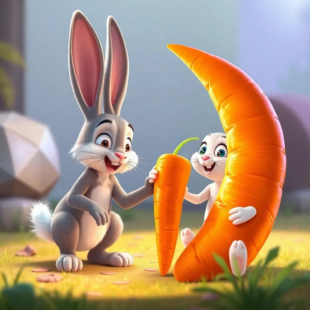 D happily finding a big orange carrot next to the rabbit, showing the carrot to the rabbit, both characters looking delighted, bright and colorful, warm atmosphere
