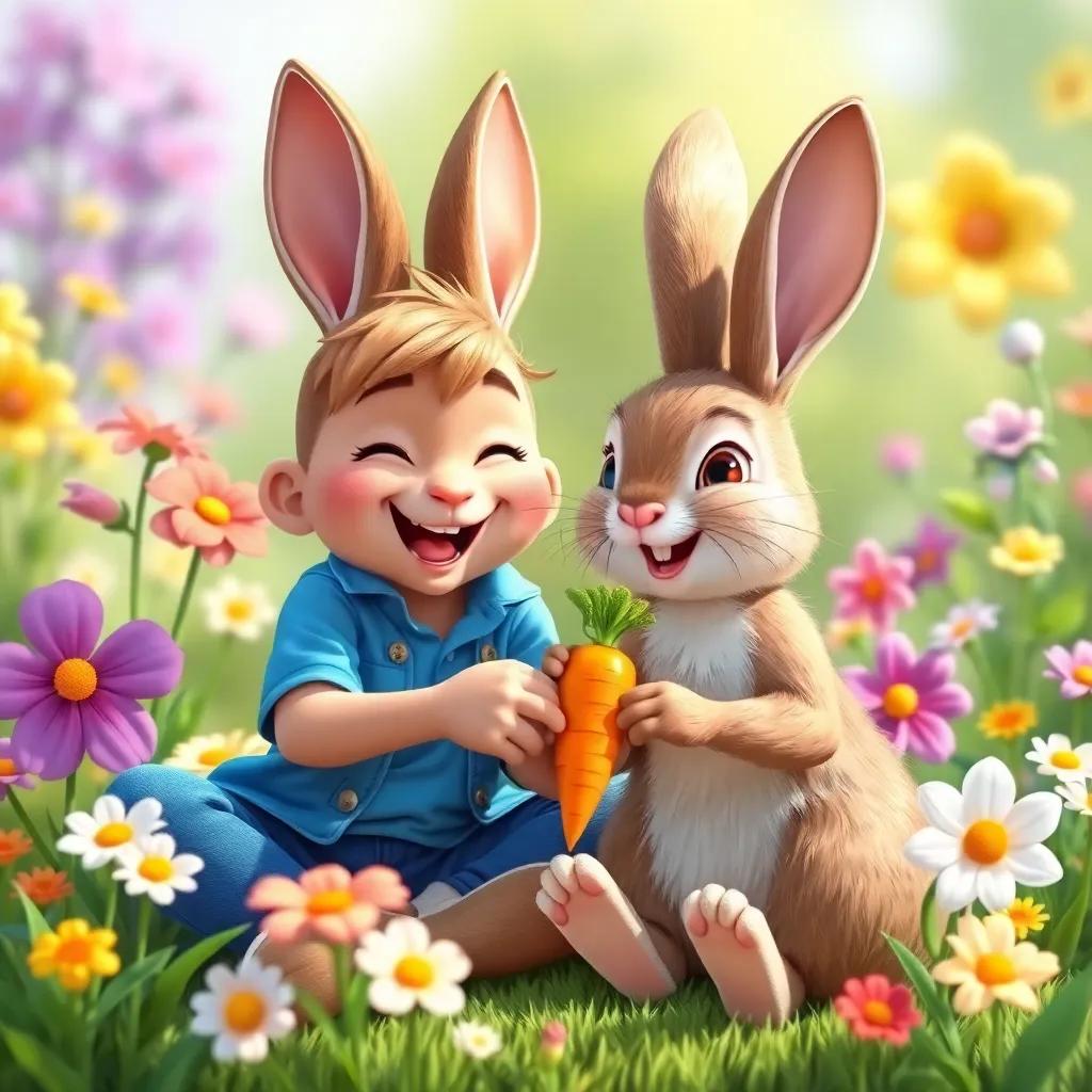 D and the rabbit joyfully sitting together and sharing the carrot, surrounded by beautiful flowers, friendship theme, bright colors, heartwarming