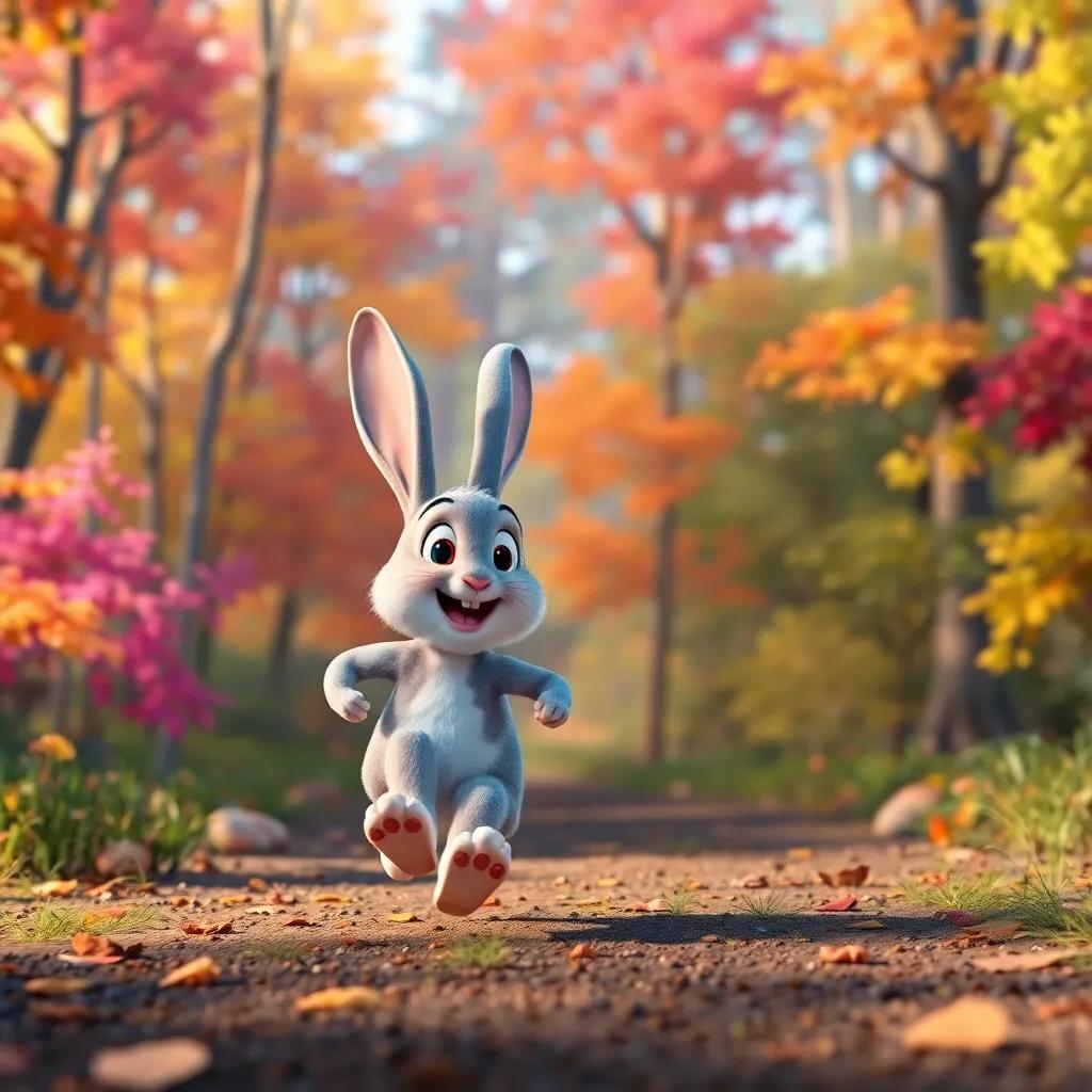 D and the rabbit playing games in the forest, running around and having fun, colorful trees in the background, cheerful and lively atmosphere, engaging
