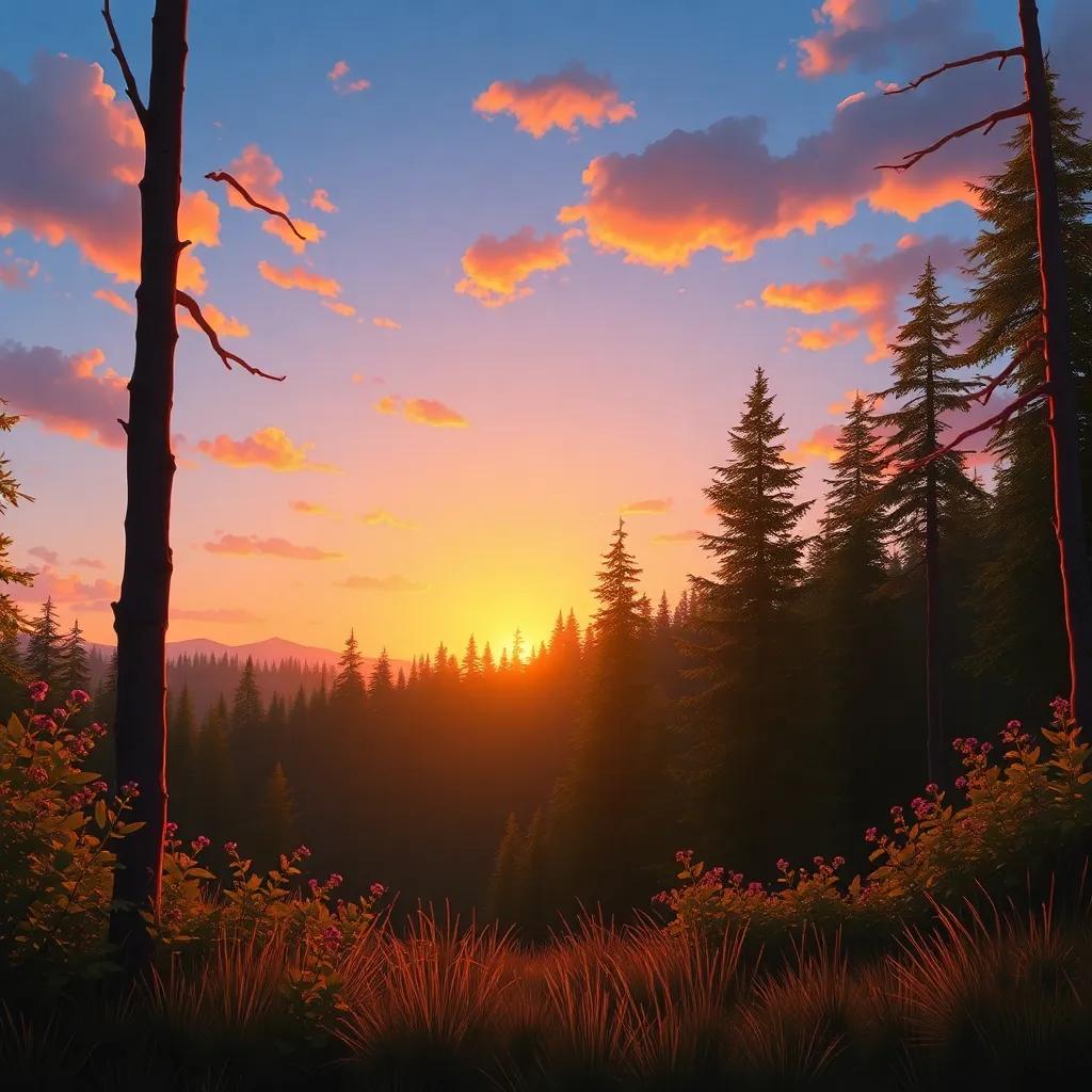 D watching a beautiful sunset in the forest, tranquil scene with warm colors, deep in thought after a lovely day, peaceful and serene