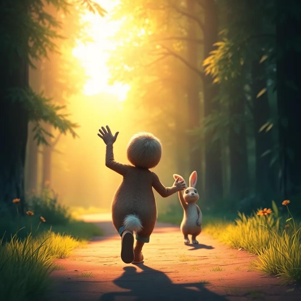 D walking back home happily, looking back at the forest and waving goodbye to the rabbit, warm light, positive emotions, uplifting