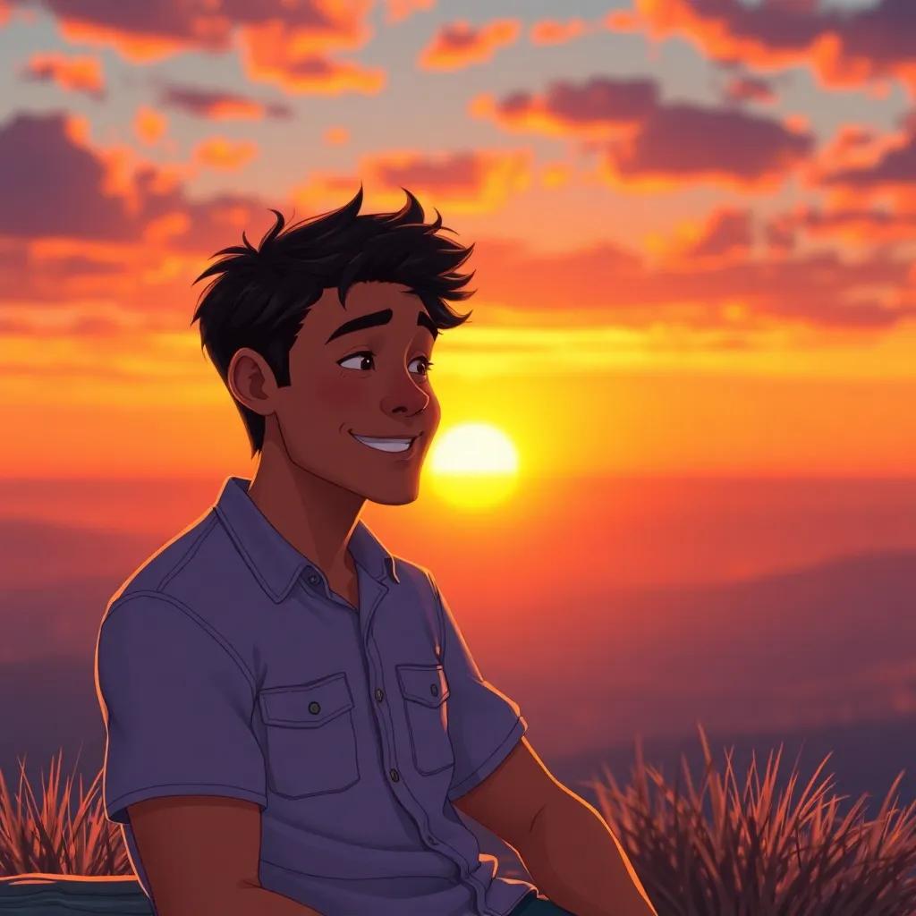 D reflecting on his wonderful day, smiling to himself, feeling grateful for adventures and friends, vibrant sunset, emotional and introspective