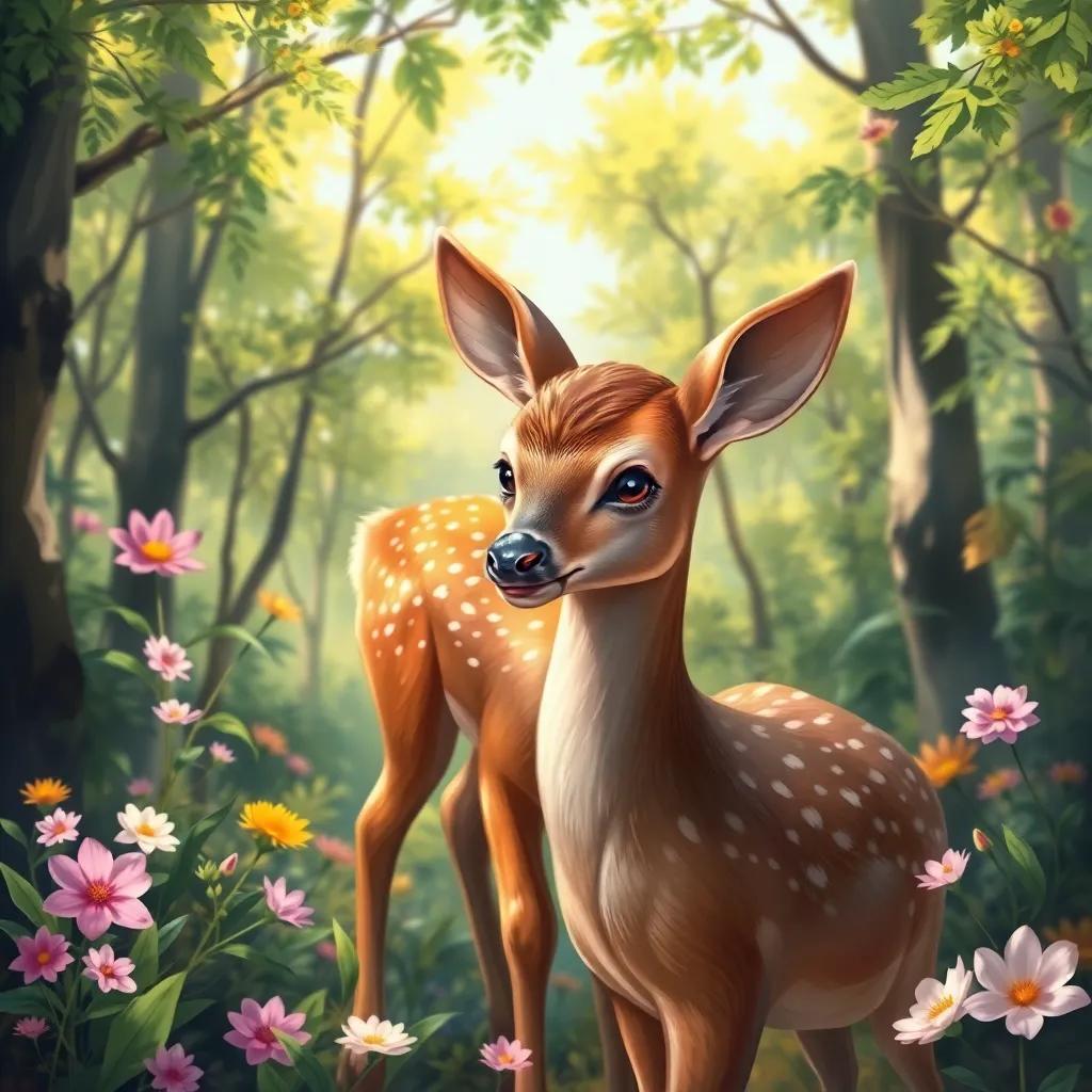A small brown deer, ذدرو, with shiny fur, looking around in a sunny forest with green trees and flowers, digital art, vibrant colors, cheerful atmosphere, high quality