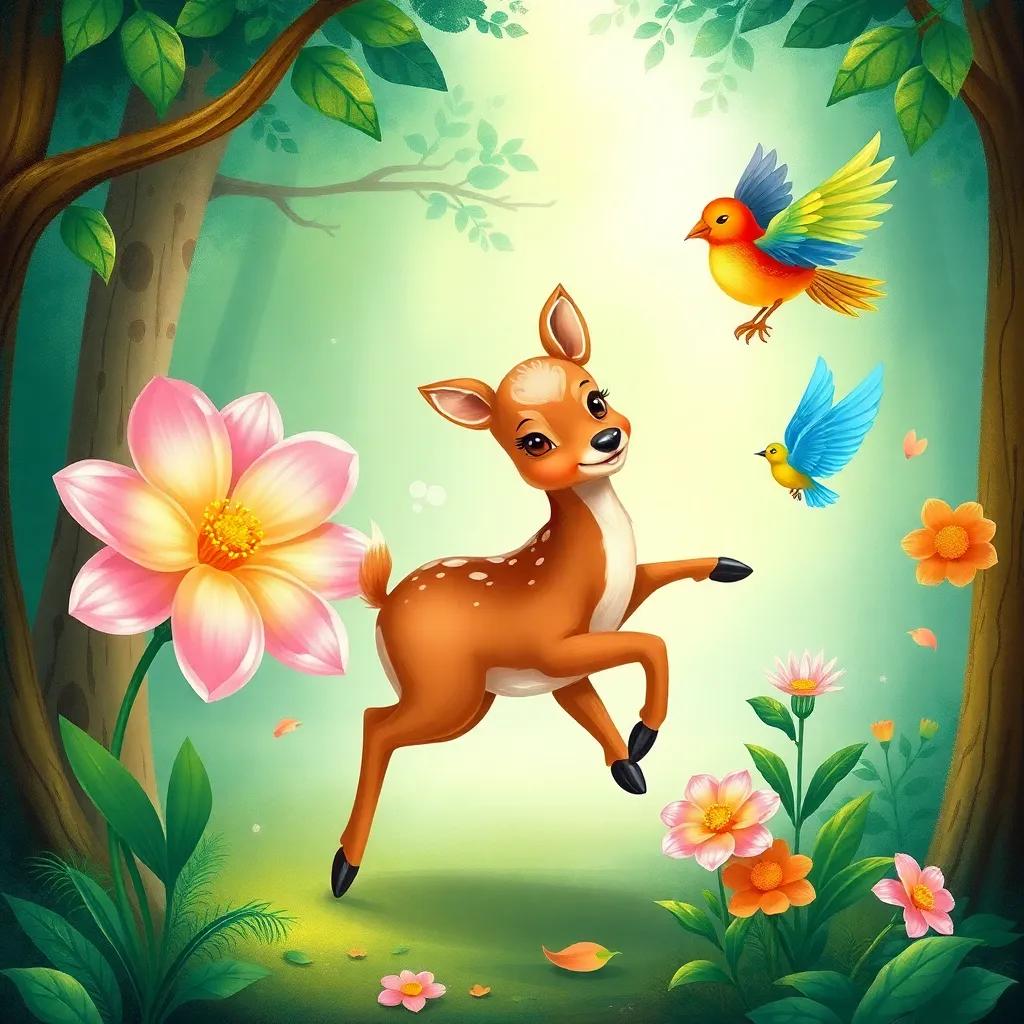 A small deer, ذدرو, with shiny brown fur, dancing joyfully around a sparkling flower with a colorful bird, توتو, fluttering nearby in a green forest, joyful scene, child-friendly, cartoon style