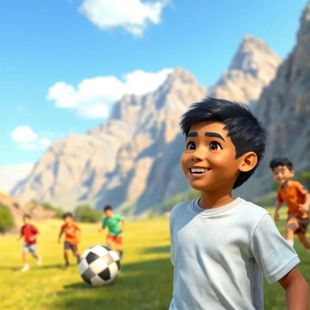 A young Arab boy, Rashid, with black hair and brown skin, playing soccer with friends in front of big mountains, sunny day, cheerful atmosphere, vibrant colors, high quality