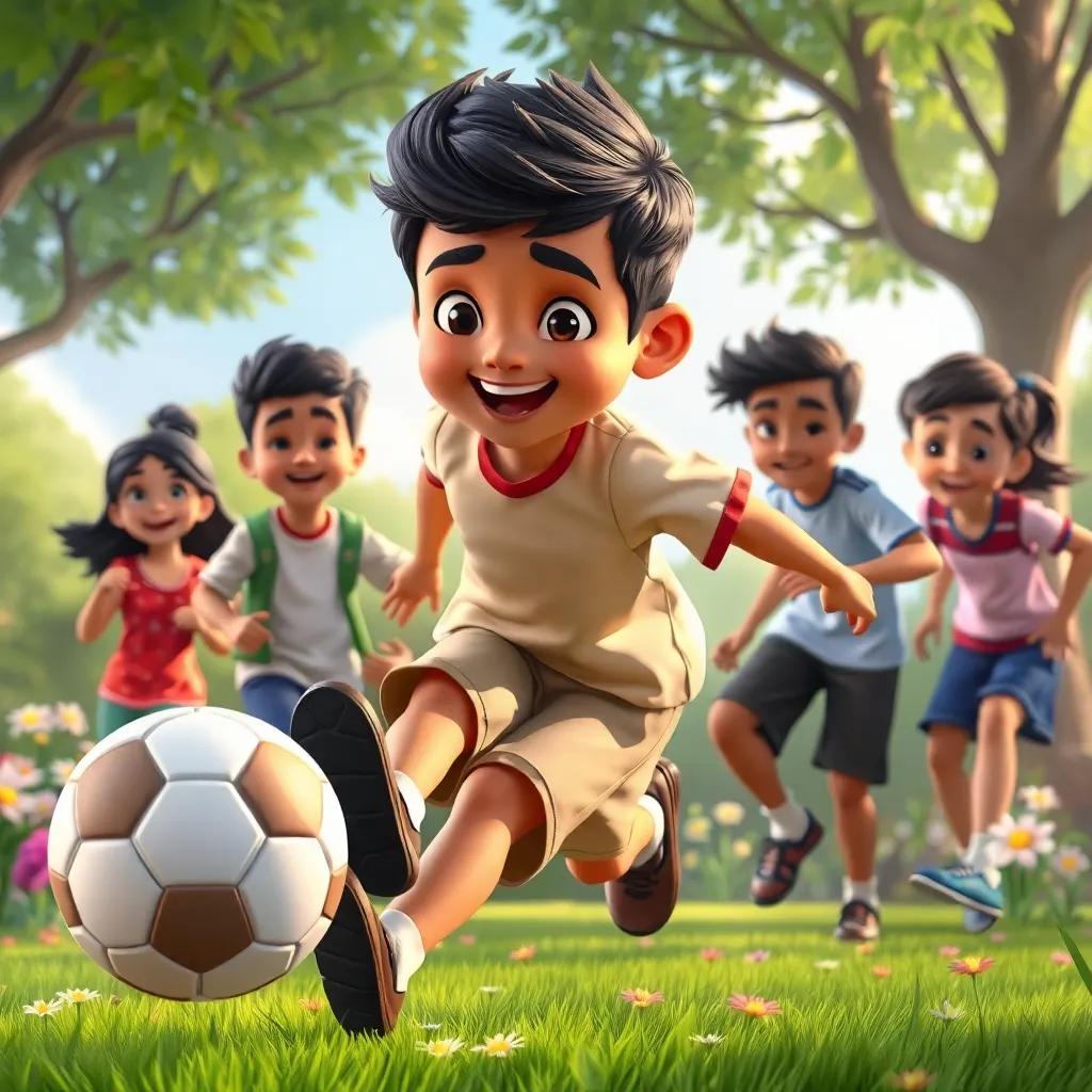 Rashid, a young Arab boy, with black hair and brown skin, kicking a soccer ball excitedly with friends, surrounded by trees and flowers, bright colors, playful scene, digital art