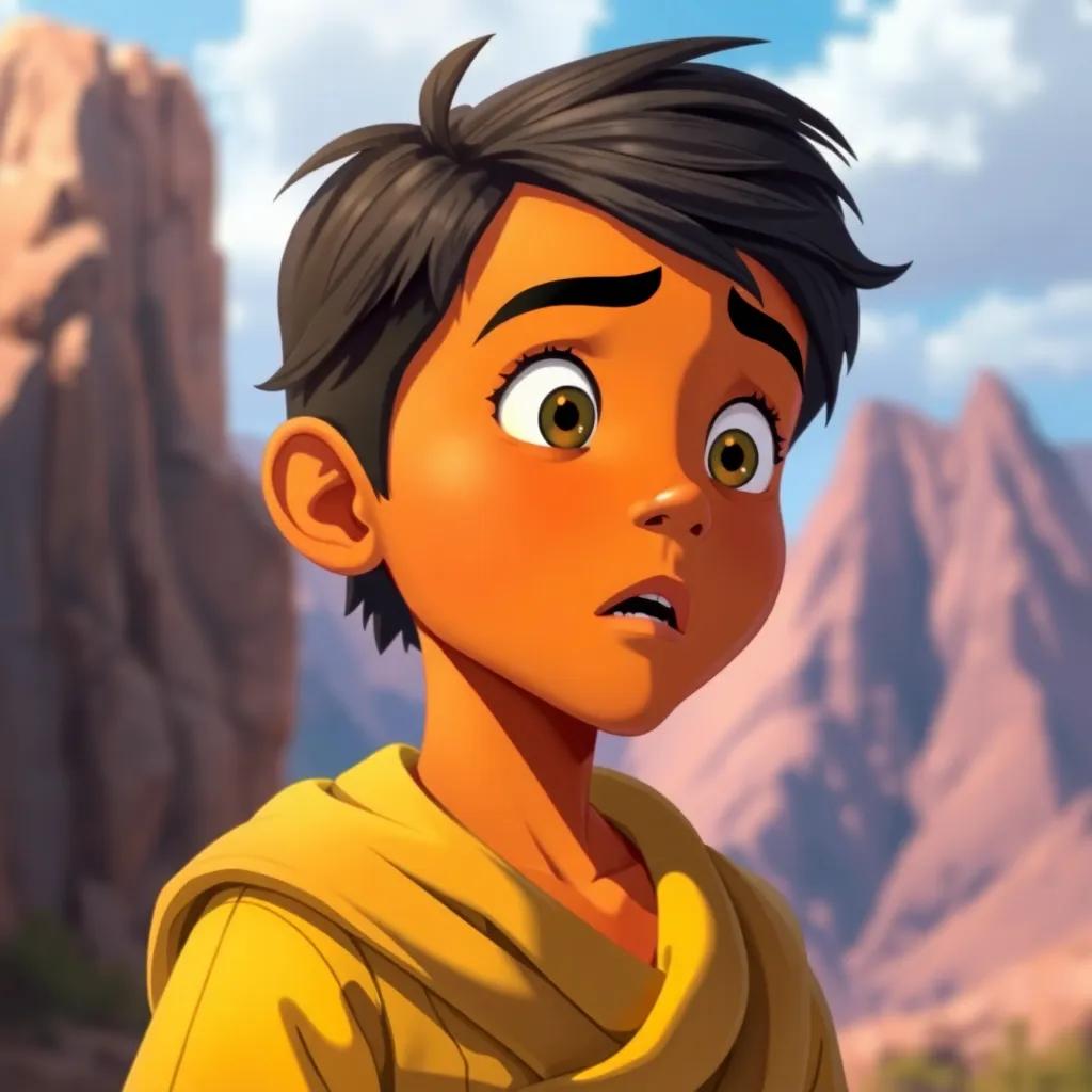 Rashid, a young Arab boy, with black hair and brown skin, looking surprised as he hears a strange noise coming from the mountain, colorful expression, vivid colors, high quality