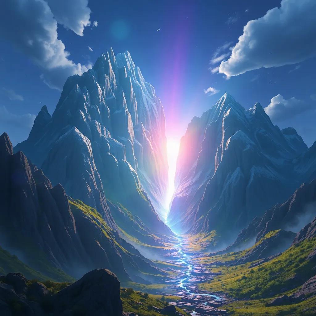 A majestic mountain with a crack appearing in the middle, bright light spilling out in various colors, enchanting scene, fantasy elements, digital illustration, magical vibe