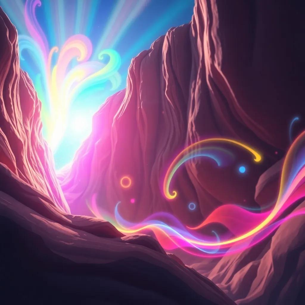 A radiant burst of colorful light emerging from the mountain crack, swirling shapes and lines dancing in the air, whimsical style, dreamy atmosphere, vibrant colors