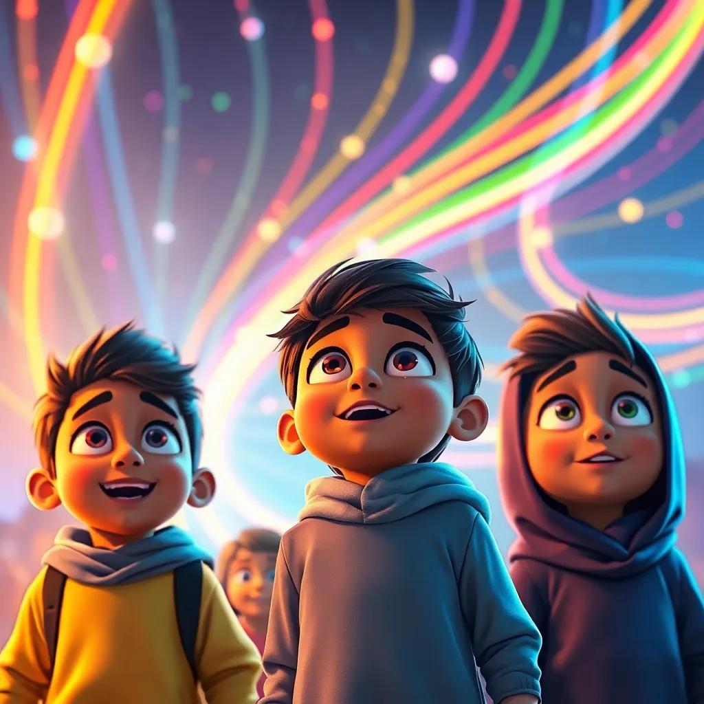 Rashid and his friends with wide eyes, amazed by the colorful lights and swirling lines, vibrant scene, fantasy, child-friendly illustration, warm light
